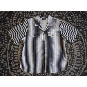 Sz 14 Cabrais Blouse Navy Striped Button Front S/S Collared Nautical